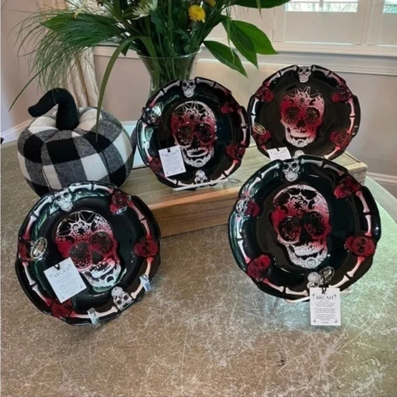 AKCAM TURKISH HALLOWEEN HAND MADE BLACK RED SHINY SKELETON PLATES NEW - Picture 5 of 7